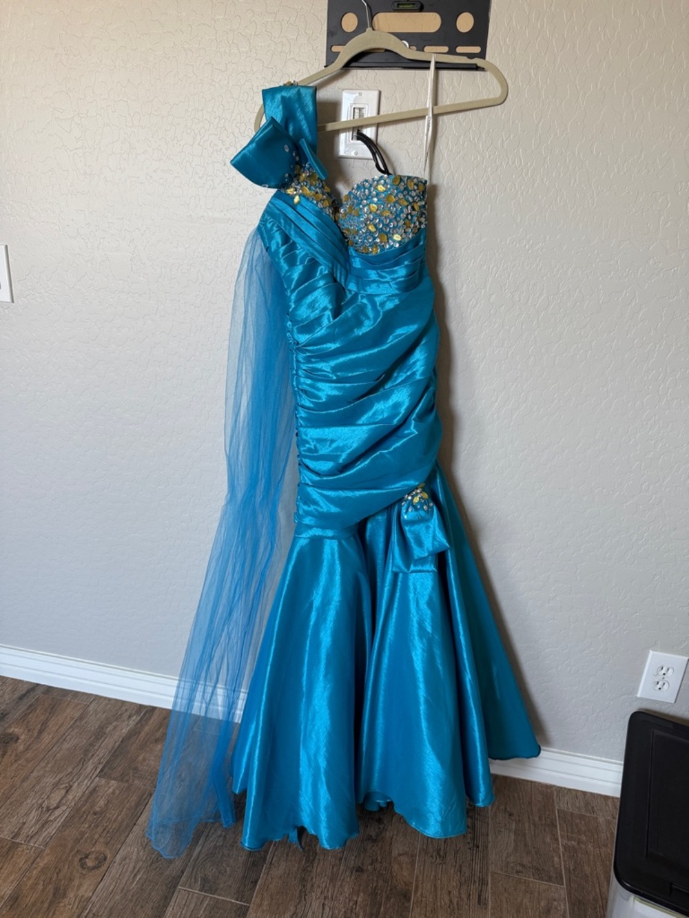 Party Time Formals Teal Blue Beaded Mermaid Prom Dress with Tulle Sash
